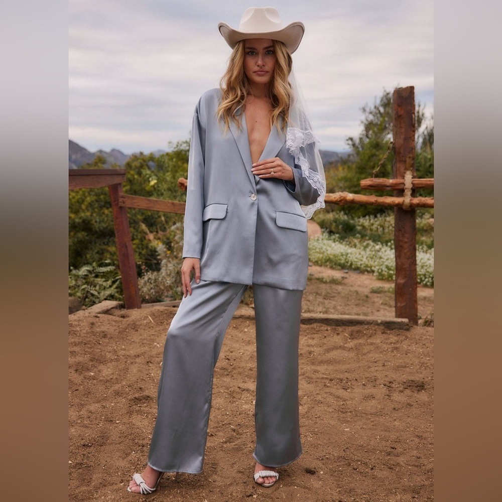 12th Tribe Satin Women's Silver blue Pantsuit size XS